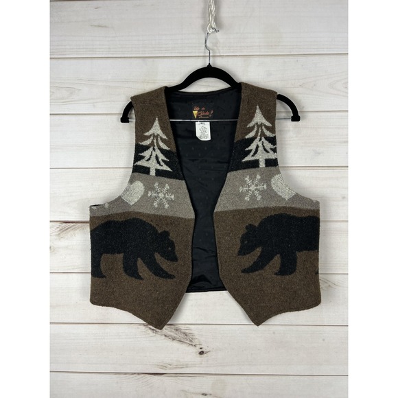 It's a Kick! Sweaters - Its A Kick Sweater Vest Womens Large Brown Bear Fair Isle Knit Lined USA Made